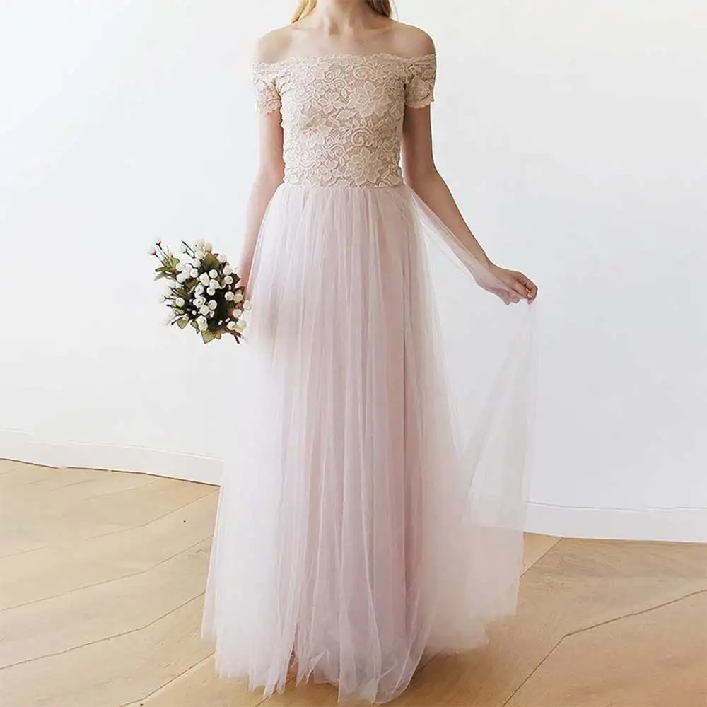 

Elegant Lace Short Sleeve Open Back A-line Tulle Evening Dress For Women Party Prom Bridesmaid Dresses Formal Cocktail Gowns