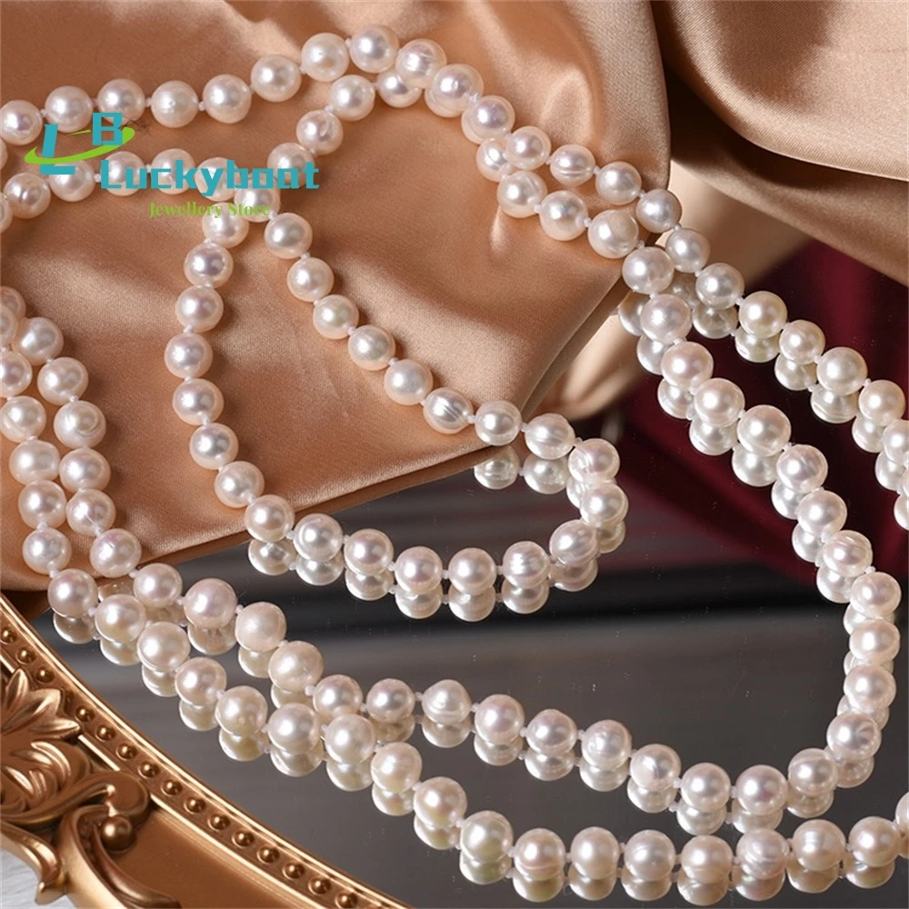 Natural Freshwater Real Pearl Sweater Chain Necklace Long Multi-layer 8mm Near-circle Thread Glare Jewelry