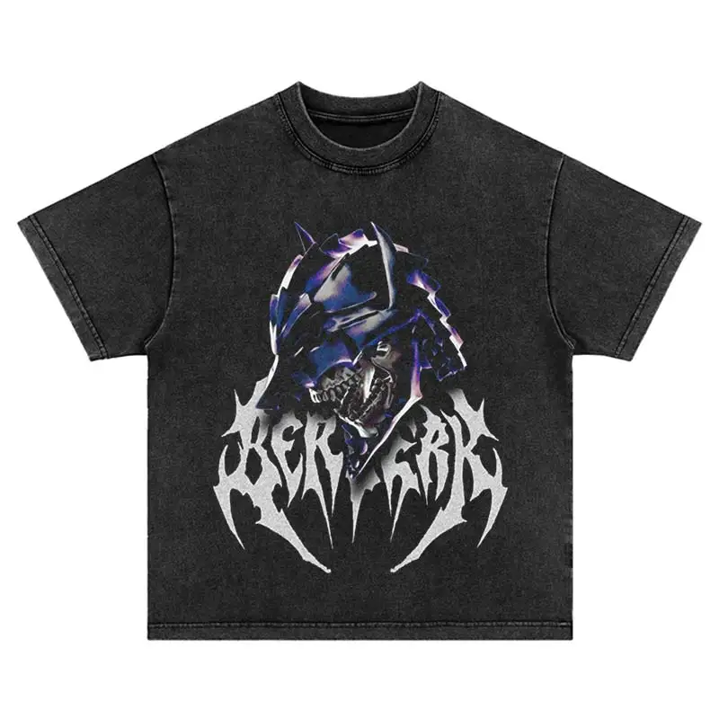 Japan Vintage Streetwear Summer Hip Hop Harajuku Cotton Anime Print Short Sleeve Punk T-Shirt Washed Oversized Loose Leisure Top