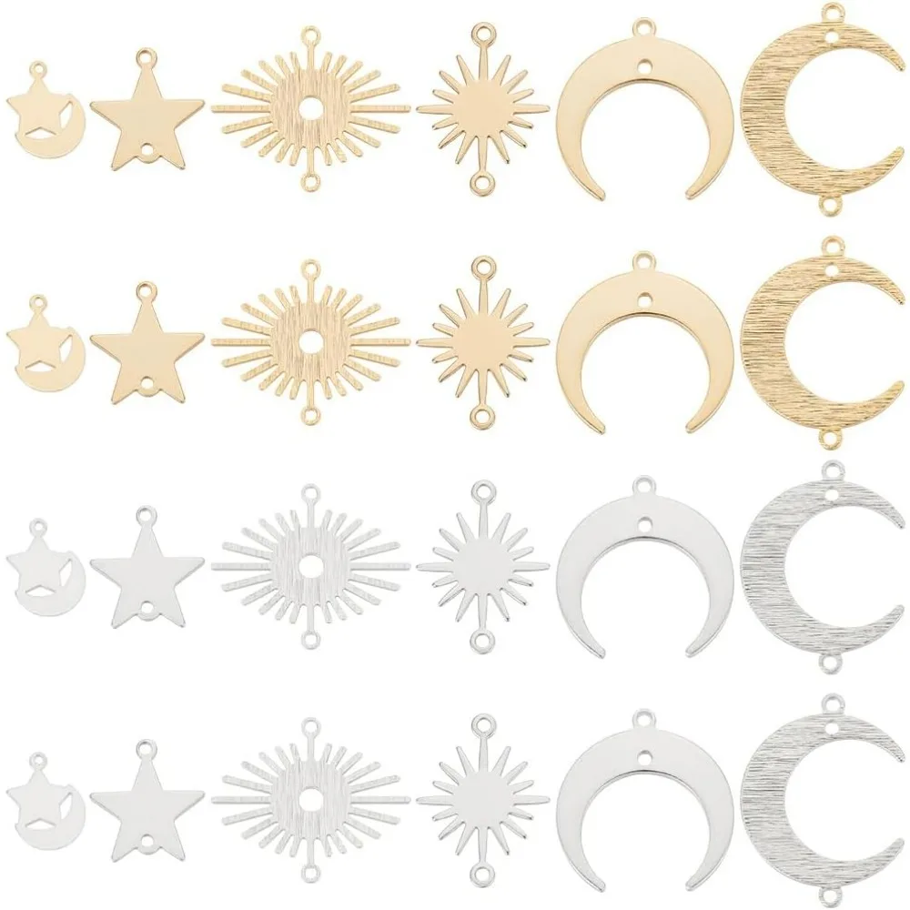

48Pcs 6 Styles Brass Links Charms Connector Kits Sun Moon Star Brass Charms with 2 Holes Sun Moon Star Pendant Connectors