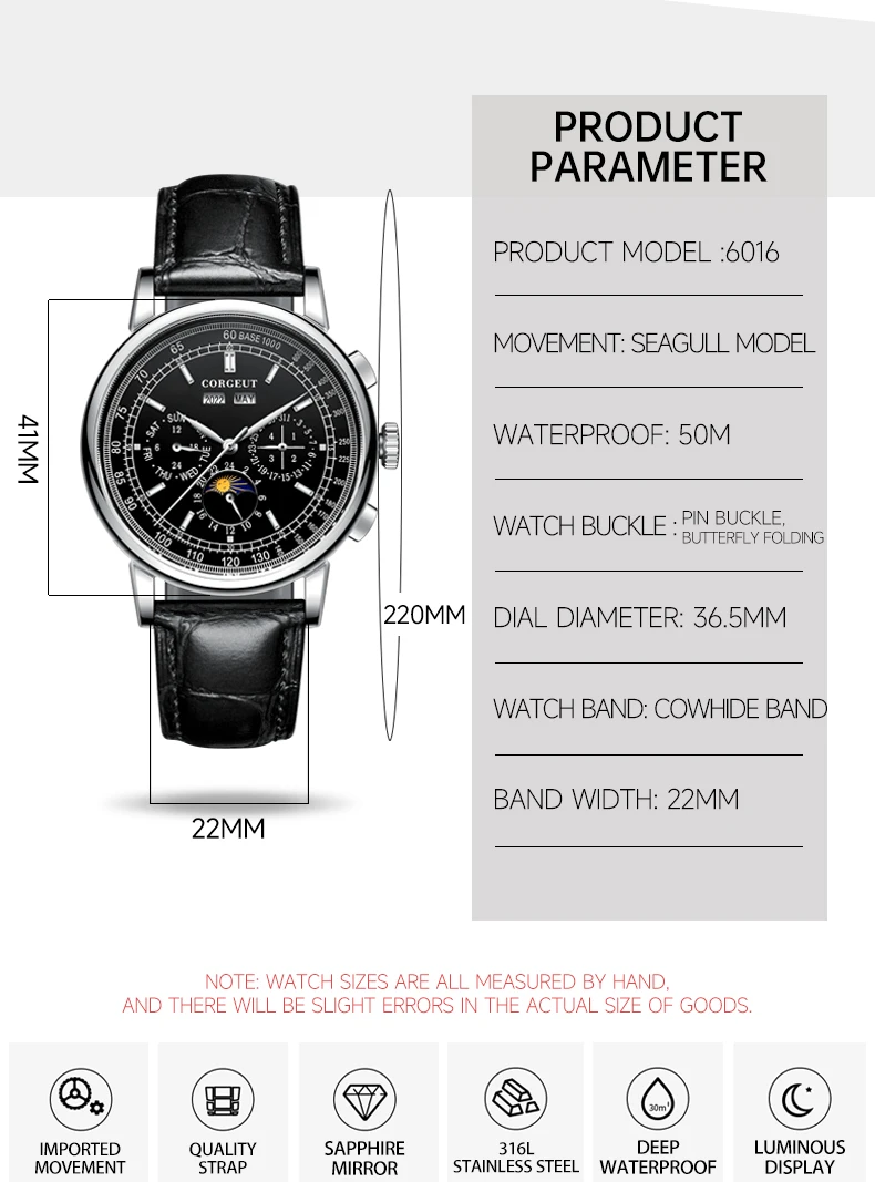 CORGEUT Luxus-Herrenuhr 41mm Automatische Mechanische Uhr mit Lederarmband Saphirglas Anzeige von Jahr, Datum & Woche – Detail 7