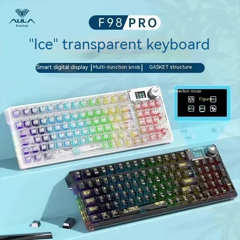 Aula F98 Pro Mechanical Keyboard Wireless Keyboard Gaming Keyboards 3Mode Transparent With Screen GDA Keycaps RGB Gamer Keyboard