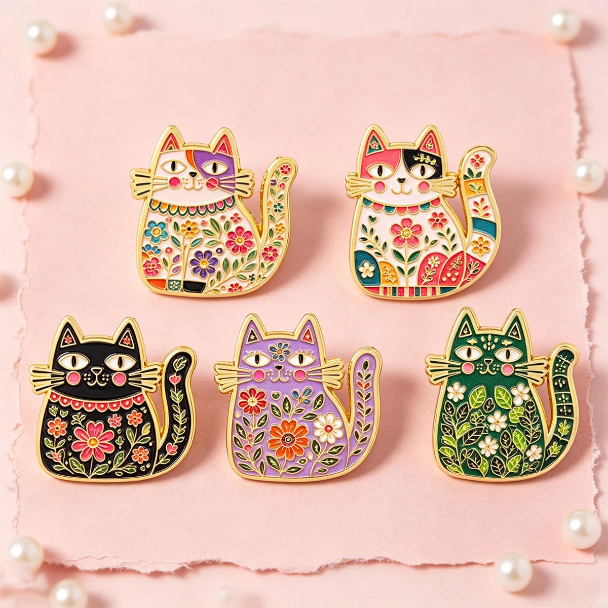 Folk Art Floral Black Cat Enamel Pin Colorful Flower Badges on Backpack Rooster Brooches Hat Lapel Pins Cosplay Accessories Gift