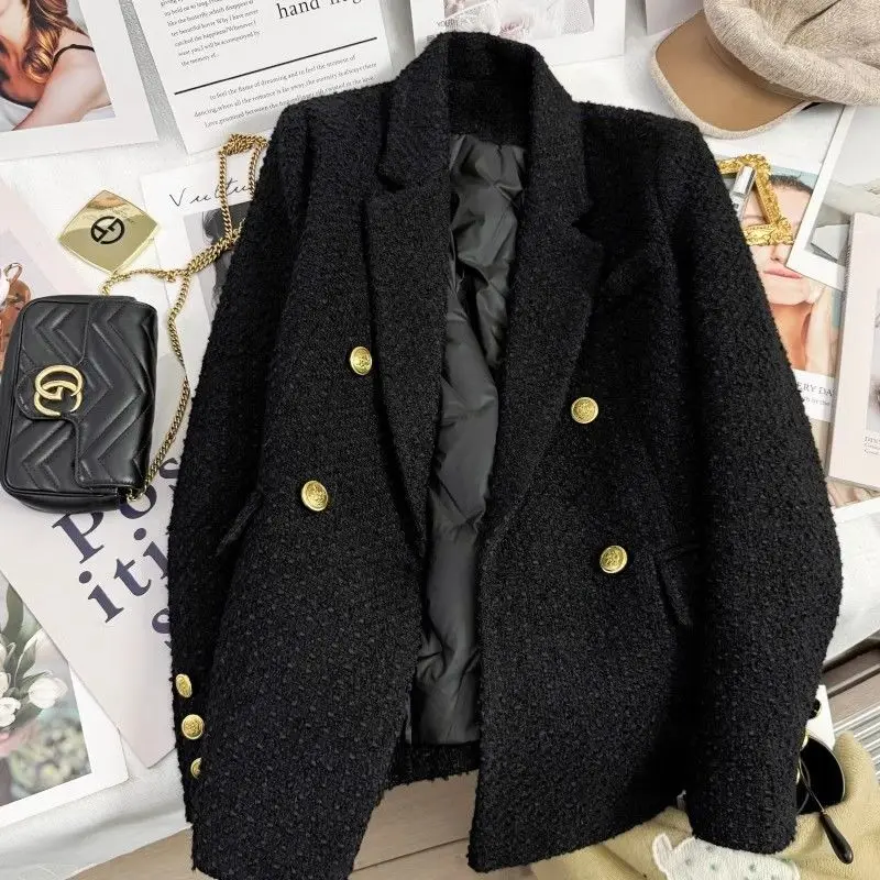 

Bla Korean Sle Slim Fit Woolen Suit Jaet Women's Winter New Sle High End Inner Coat Double Breasted Pure Color