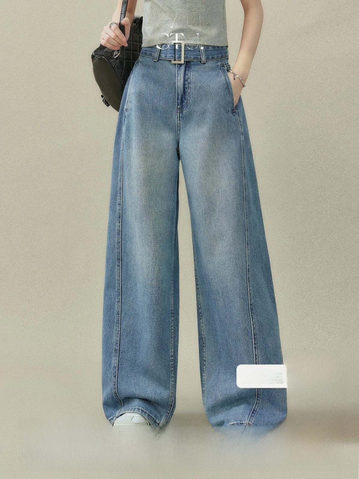 

Синие винтажные прямые джинсы с талией, женские свободные драпированные широкие брюки длиной до пола, брюки с высокой талией для женщин