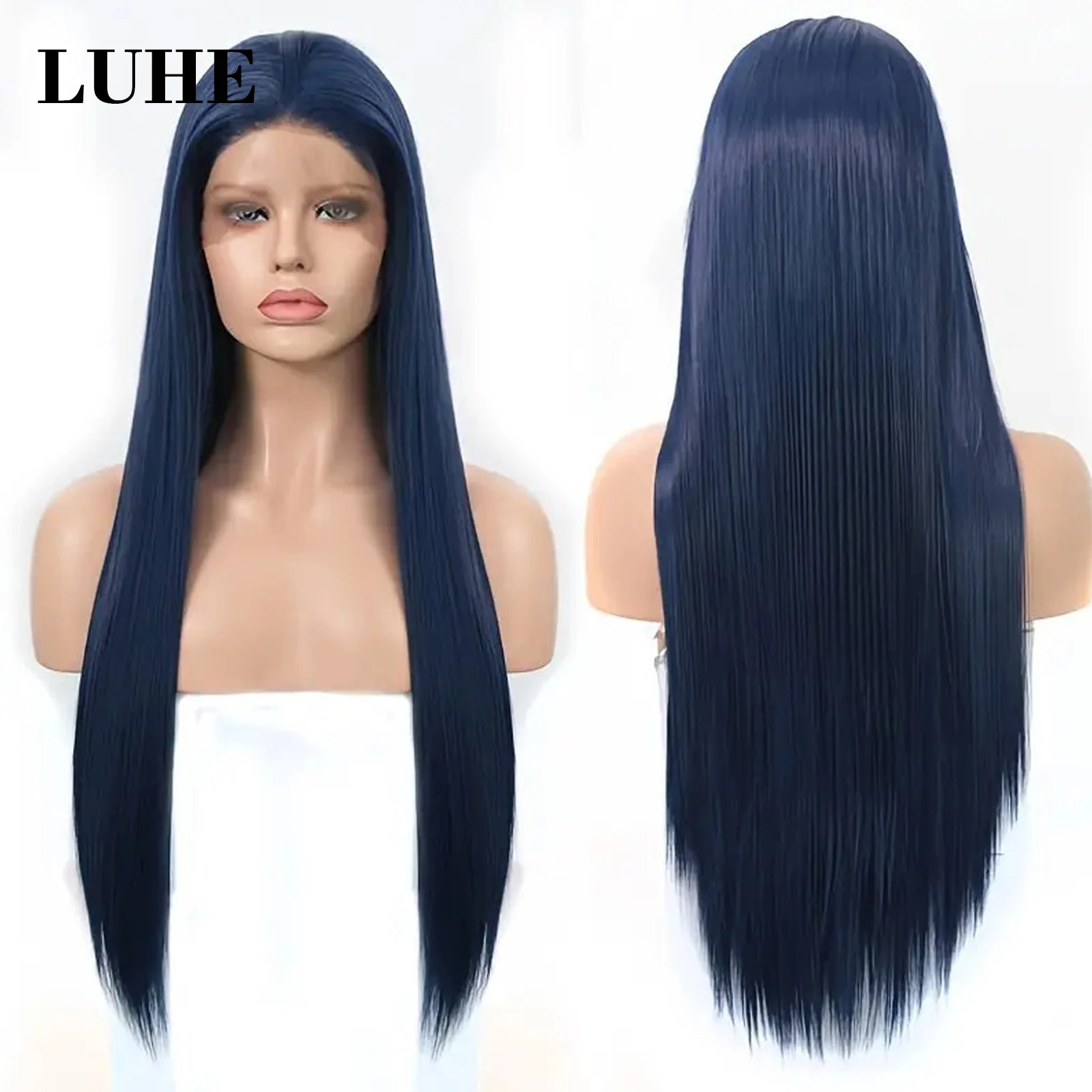 Dark Blue Color Wavy Synthetic Hair Wig 13x3 Lace Front Wigs for Black Women Cosplay 26 Inch Long Straight Hair Lace Frontal Wig