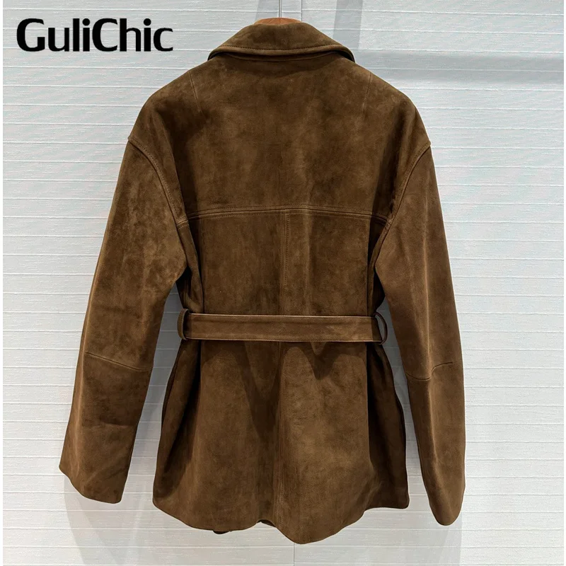 7.24 GuliChic Women High End Quality Vintage Lapel Collar Letter Embroidery With Sashes Jacket Fashion Outerwear