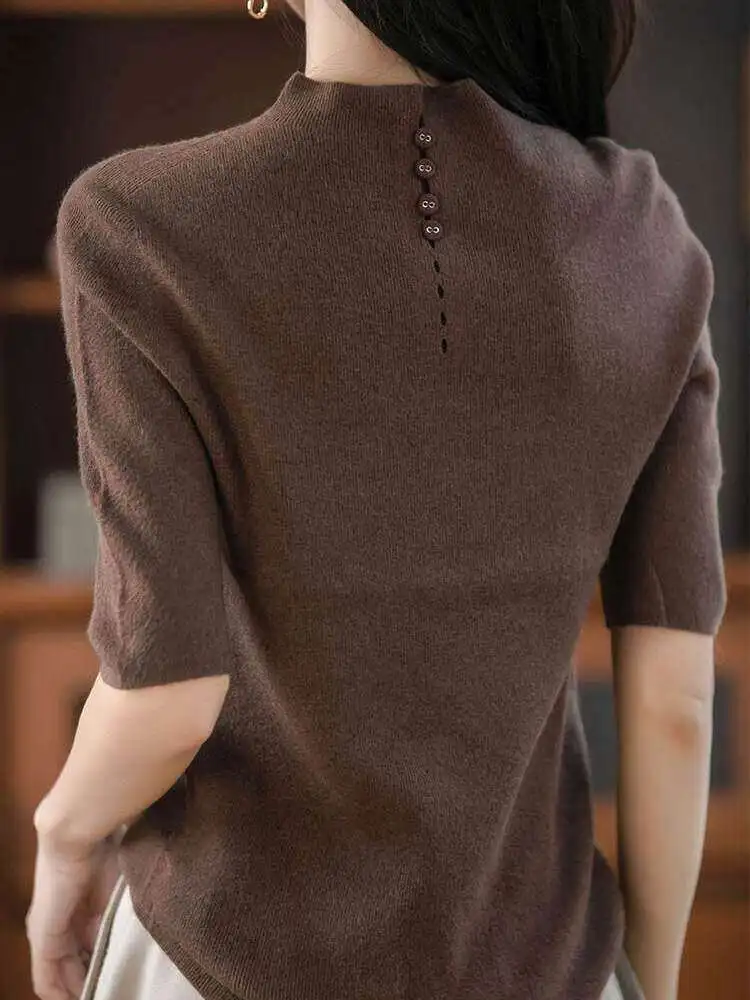 Women's Knitted Five-Quarter Sleeve Top Half-High Collar Overhead Style Ultra-Thin Outerwear Soft Regular Fit Fine Gauge