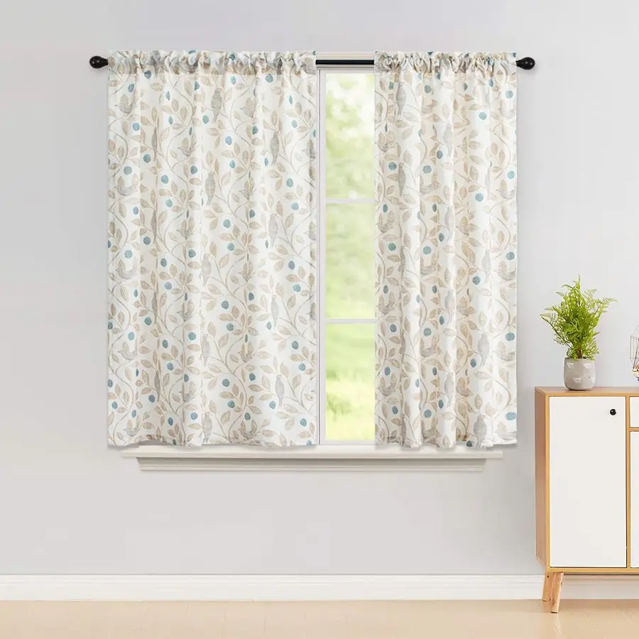 

Светофильтрующие шторы, элегантные натуральные оконные украшения с креплением на штангу, панели с принтом «Птицы и листья» для гостиной