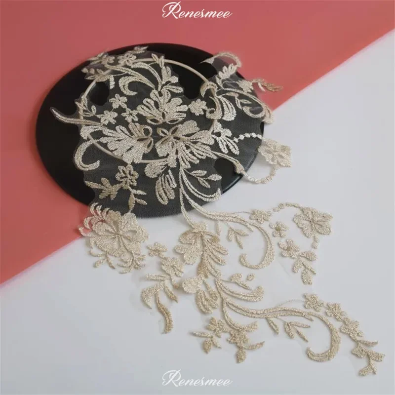 1Pc Champagne Gold Venise Lace Trim Patch Soft Wedding Sewing Applique Crafts Lace Fabric For Wedding Dress 20X44cm SX310