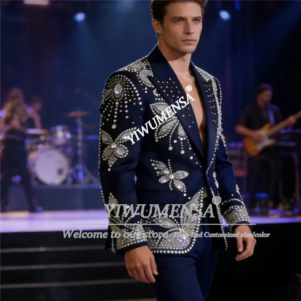 Brilliant Beaded Stones Suits Men Exclusive Design Jacket Trousers 2 Piece Sets Groom Wedding Tuxedos Customized Man Chic Outfit