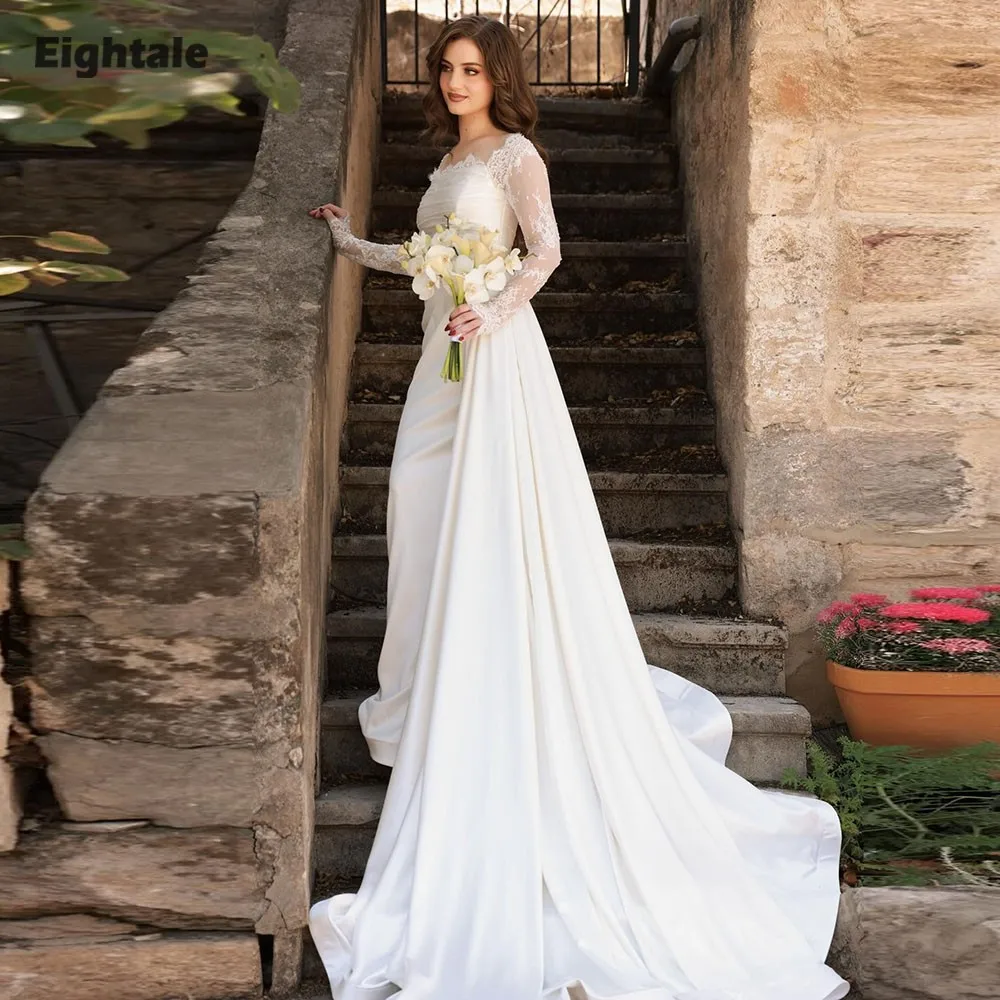 ชุดแต่งงานแบบอาหรับ Eightale แบบสั่งตัด สีไอวอรี่ คอวี ประดับลูกไม้ ชุดเจ้าสาวมุสลิมทรงเมอร์เมด ชุดงานเลี้ยงเจ้าสาว