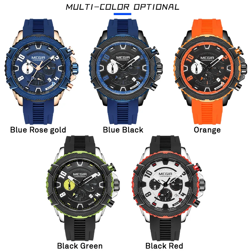 MEGIR Fashion Men Watches with Calendar Chronograph Waterproof Black Silicone Strap Sport Quartz Wristwatch Auto Date 24-hour