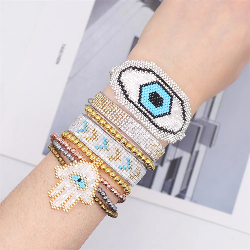 ZHONGVI Multilayer Chains Evil Eye Bracelets Miyuki Beaded Summer Jewelry Handmade Adjustable Accessories for Women Gifts