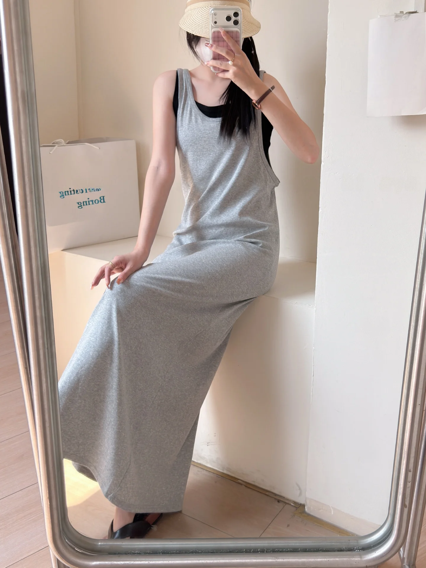 

Summer Slimming Knitted Vest Dress Women's High Waist Loose Feeling Sleeveless round Neck Two-Piece Illusion Long Dress