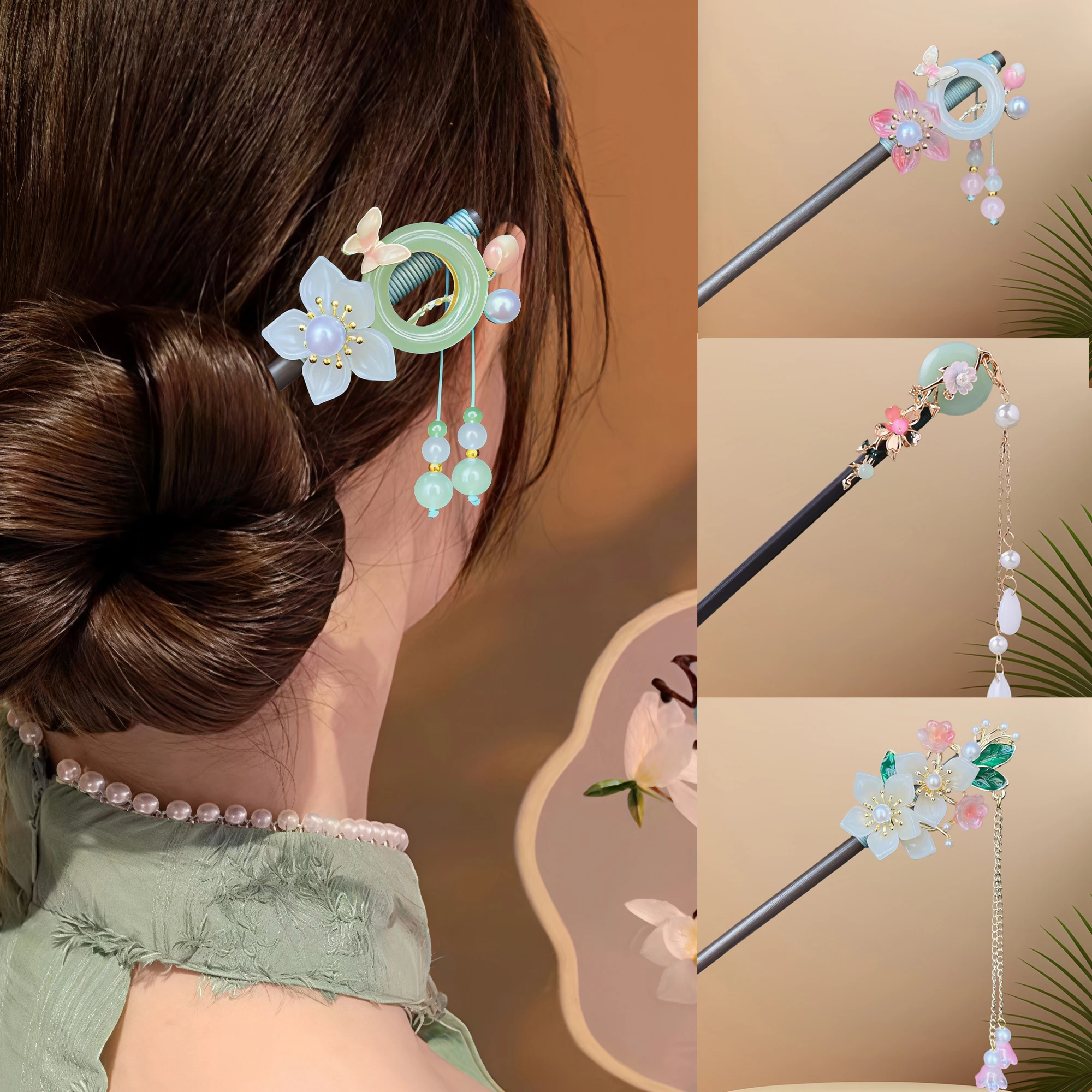 Exquisite Flower Tassel Wooden Hairpin Retro Chinese Style Handmade Floral Hair Stick Vintage Girls Women Hanfu Hair Accessories