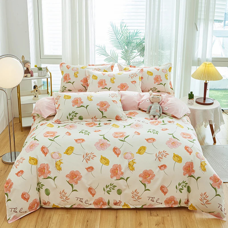 

Pink Flower Duvet Cover 4pcs Bedding Set Cartoon Bunny Floral Quilt Cover Polyester Comforter Cover 1 Flat Sheet 2 Pillowcases