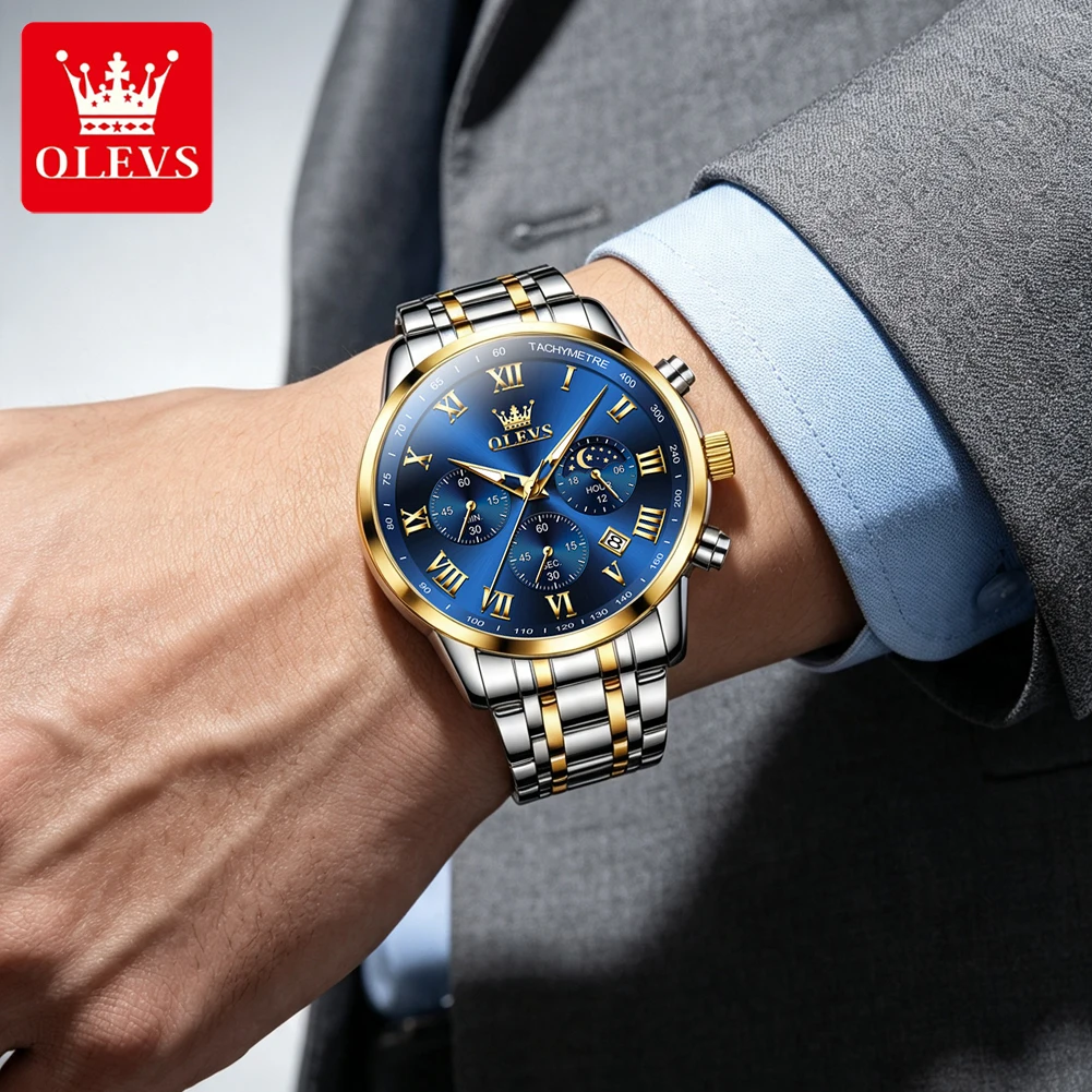 OLEVS Top Brand Men Watch Luxury Waterproof Luminous Stainless Steel Watch Roman Numberal Quartz Watch Blue Chronograph 5529