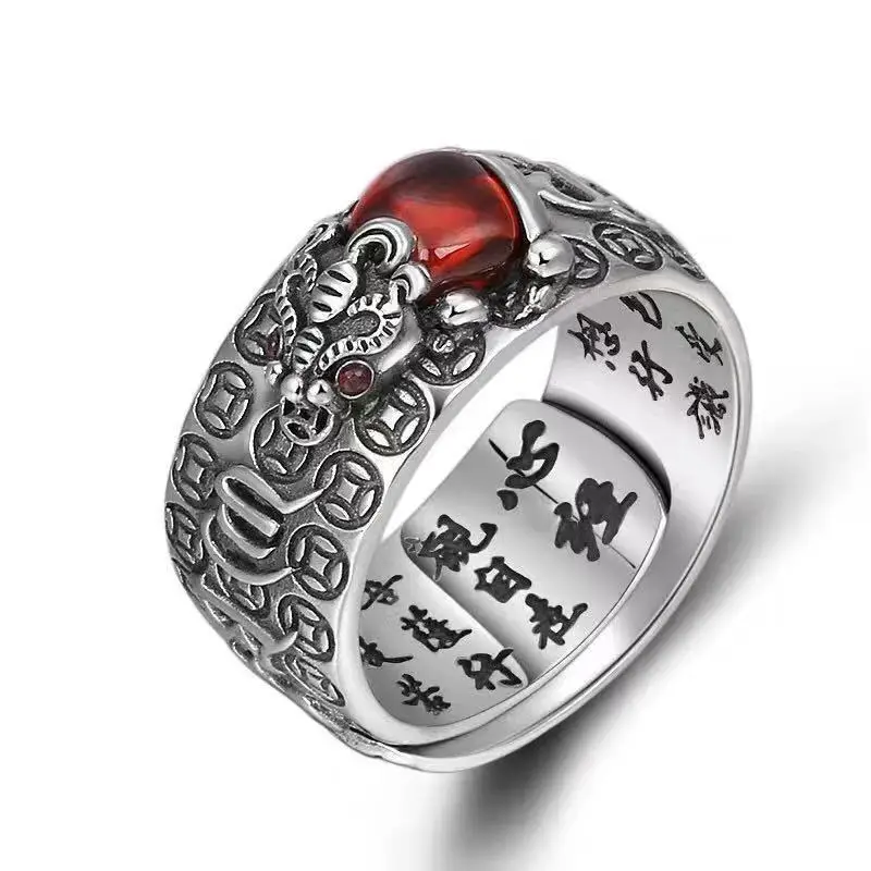 S925 Sterling Silver Garnet Pixiu Ring, Male And Female, Thai Silver, Domineering, Retro Golden Toad Heart Meridian Ring Opening