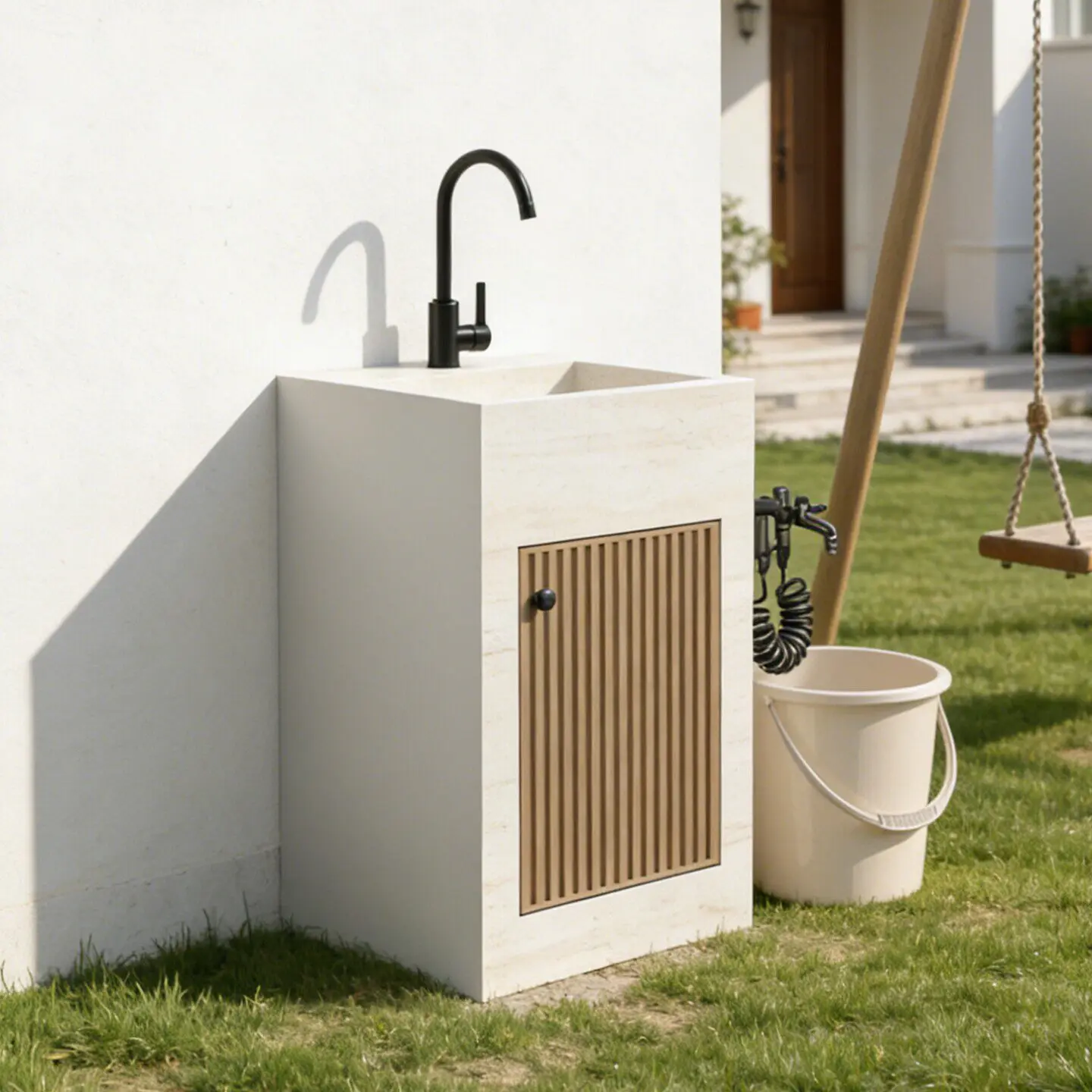 Custom Rock Slab Outdoor Washbasin with Pedestal for Garden Patio Villa Balcony