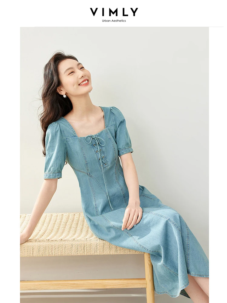 VIMLY Summer Women\'s with Lace up Square Neck Solid Casual Loose Denim Dress Simple Short Sleeved Waisted Denim A-Line Dress