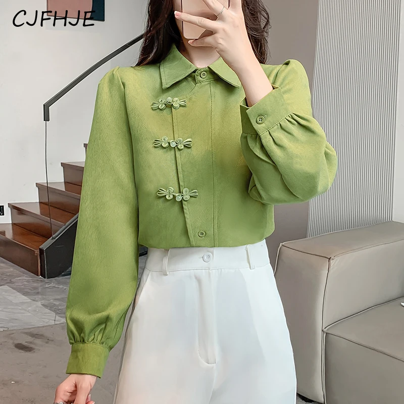 CJFHJE New Chinese Style Button Brushed Women\'s Shirt Top Spring Fashion Retro Versatile Women Long Sleeved POLO Collar Shirt