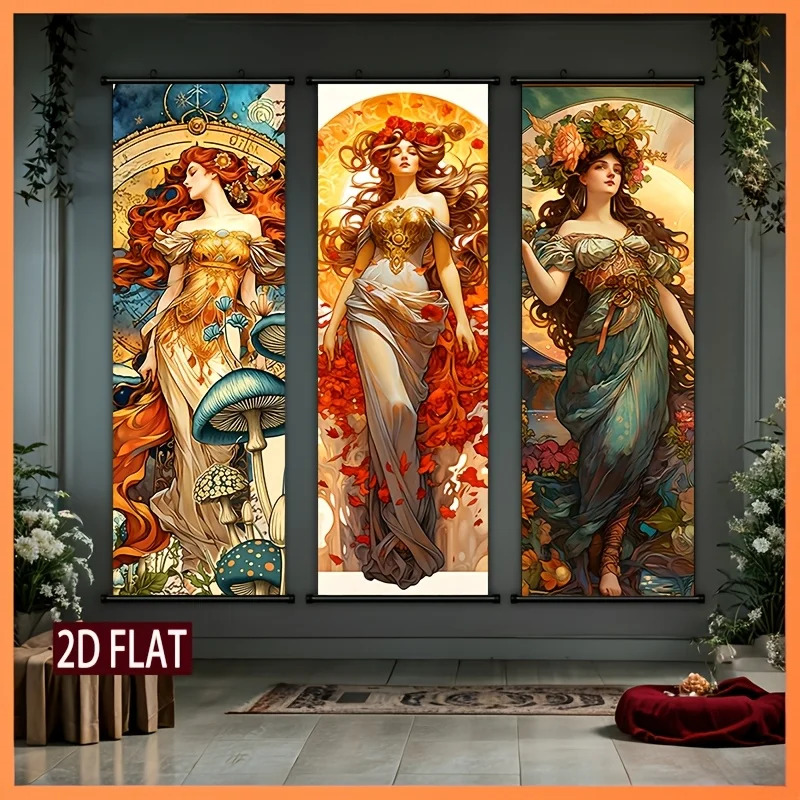 VIKAMA Classical Flower Goddess Scroll Tapestry, HD Fade Resistant Wall Hanging Scroll Art, Romantic Room Decor