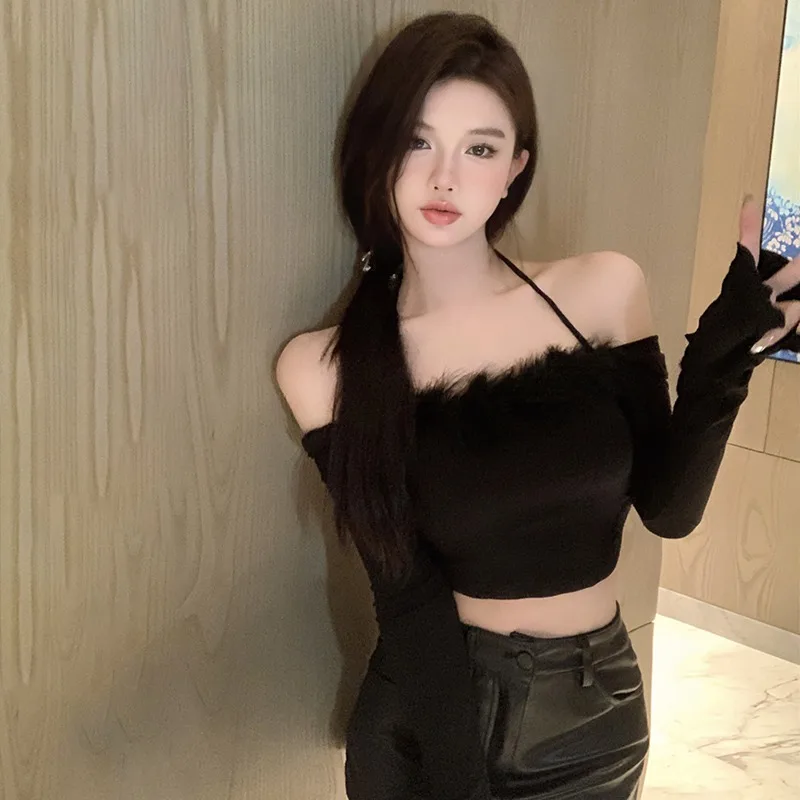 Women Halter Neck Plush Stitching Thin Sweater Vintage Off-the-shoulder Sexy Slim Long-sleeved Knitted Crop Tops 2022 Autum