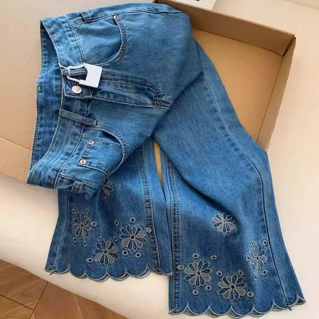 

Летние тонкие полые прямые джинсы с цветочным принтом для женщин, новинка 2025 года, повседневные широкие брюки 9 дюймов