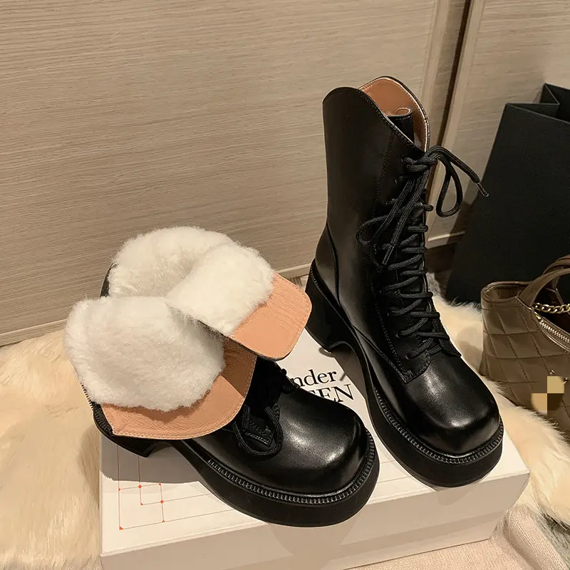 

Women Ankle Boots Outdoor Leisure Genuine Leather Thick Heels Platforms Shoes Woman 2023 Winter Warm Wool Snow Boots