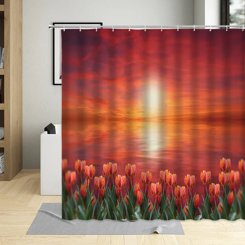 Tulip Landscape Flowers 3D Printing Waterproof Bathroom Shower Curtain Polyester Cloth With 12 Hooks Bathtub Curtains Home Decor image 4