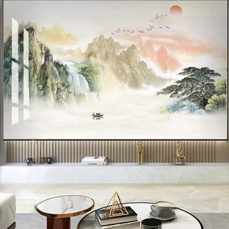 Custom Sunset 3D Wall Mural New Chinese Style Wallpaper Mountain Birds Landscape Wall Arts Home Interior Decoration Background