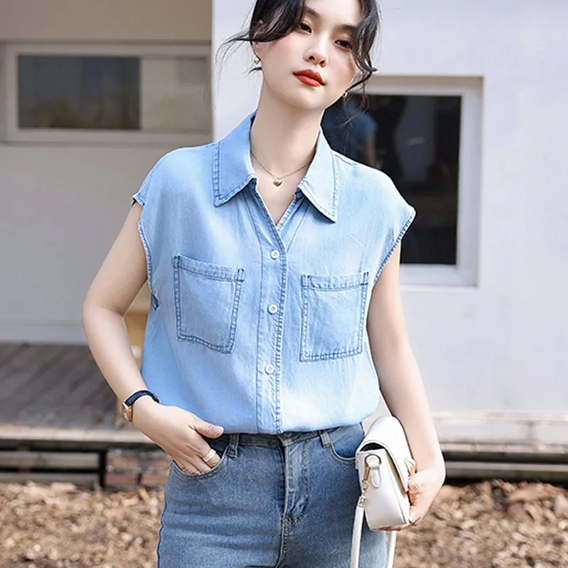 Women Casual Denim Shirt New Arrival 2024 Summer Korean Style Double Pockets Basics Female Sleeveless Tops Shirts B3271