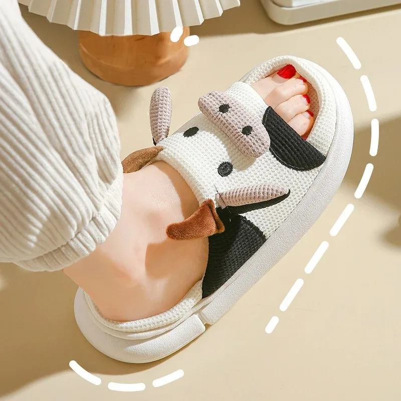 Women Milk Cow Linen Slippers Four Seasons Men Indoor Sandals Adults Cartoon Slides Couples Cute Breathable Home Shoes