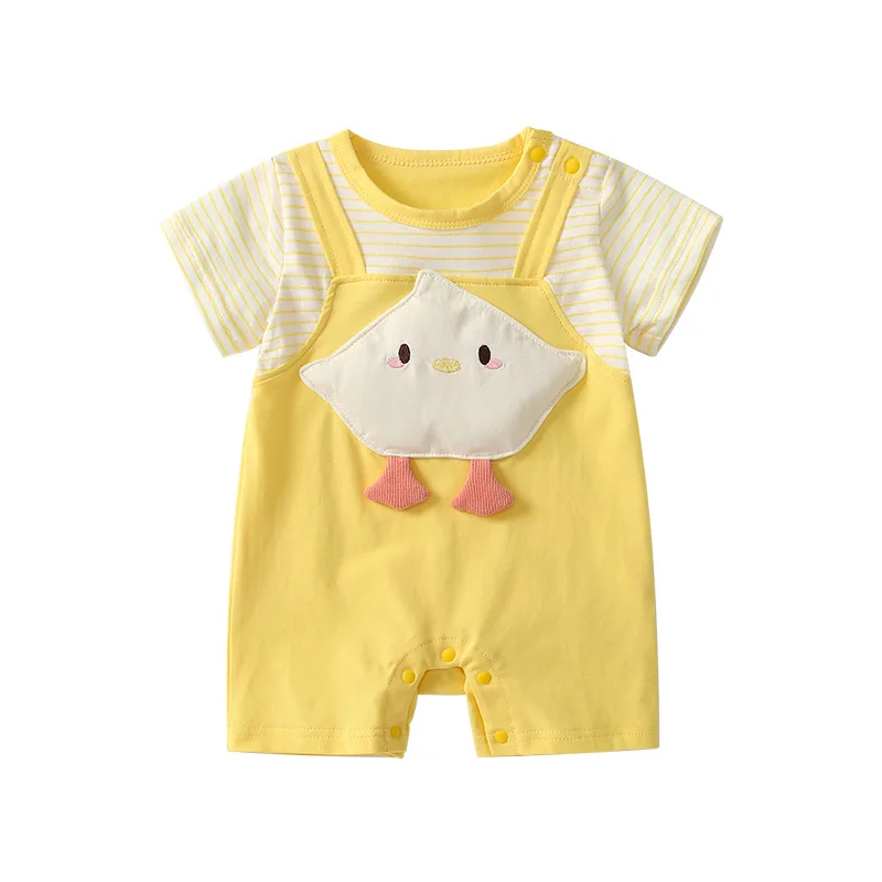 

MINISO Summer Unisex Baby Duckling Strap Romper Short Sleeve Cotton Faux Two Piece Newborn Crawling Clothes Bodysuits 0-1 years
