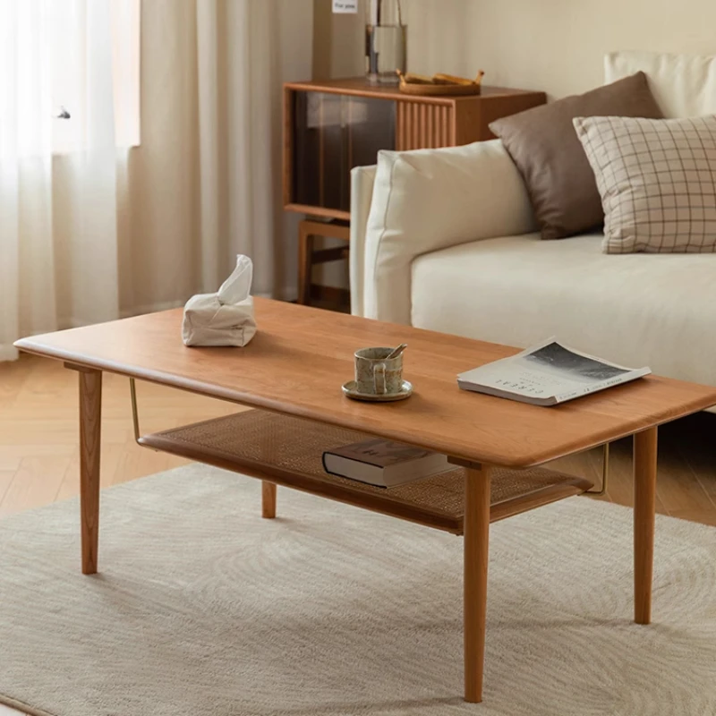 

Gray wood, time coffee table, solid wood edge few rattan cherry wood double layer