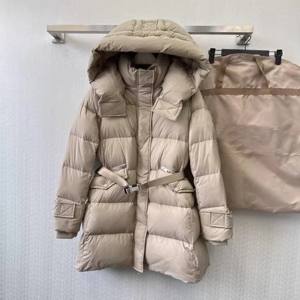 High end estilo britânico com capuz com cinto fino ajuste longo para baixo casaco feminino 2025 nova moda outono inverno grosso jaqueta casaco de inverno feminino
