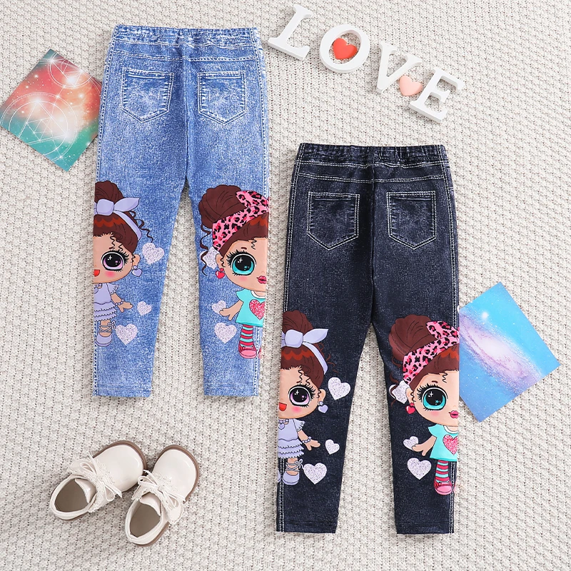 Girls\' 2pcs Cute Heart & Character Print Soft Knit Leggings - Mock Denim Style - Comfy Summer Outfit