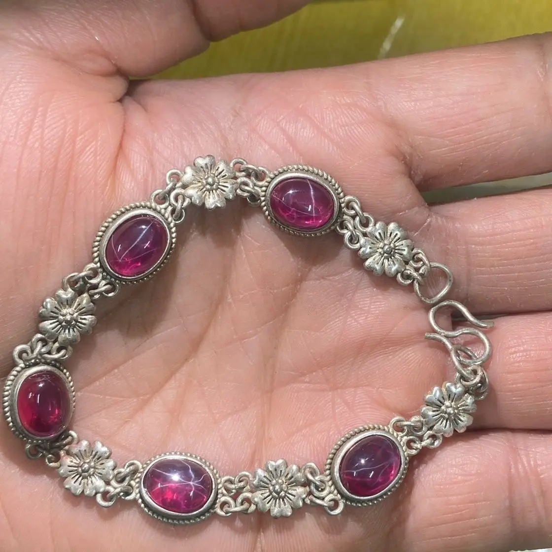 Vintage Tibetan & Sterling Silver Bracelet, Inlaid Star Ruby, Hand Carved Ethnic Style Jewelry