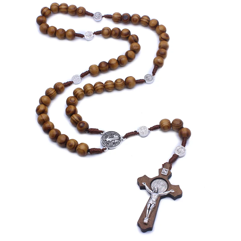 Fashion Handmade Round Bead Catholic Rosary Cross Religious Wood Beads Men Necklace Charm Gift