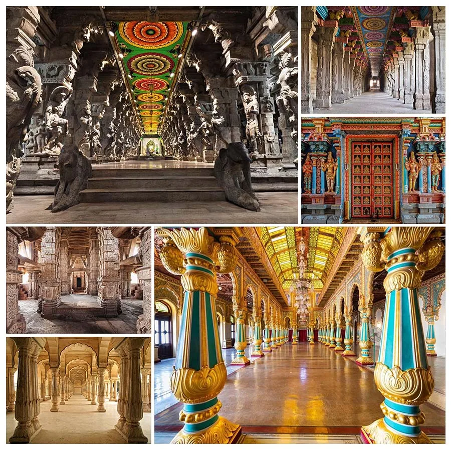 Colorful India Tanjore Temple Door Backdrop Old India Religion Building Photo Background for Indian Birthday Decorations