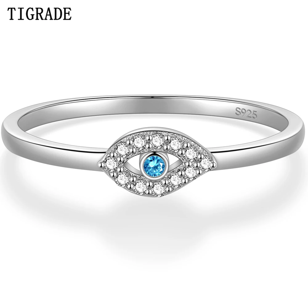 Tigrade 100% 925 Sterling Silver Evil Eye Rings For Women Blue Cubic Zircon Finger Ring Wedding Party Gift Jewelry Accessories