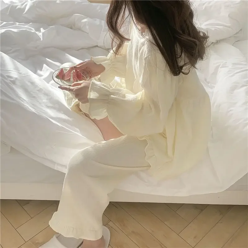 Conjuntos de pijama feminino sólido simples gola quadrada faculdade meninas kawaii estilo japonês outono homewear básico casual femme lounge aconchegante