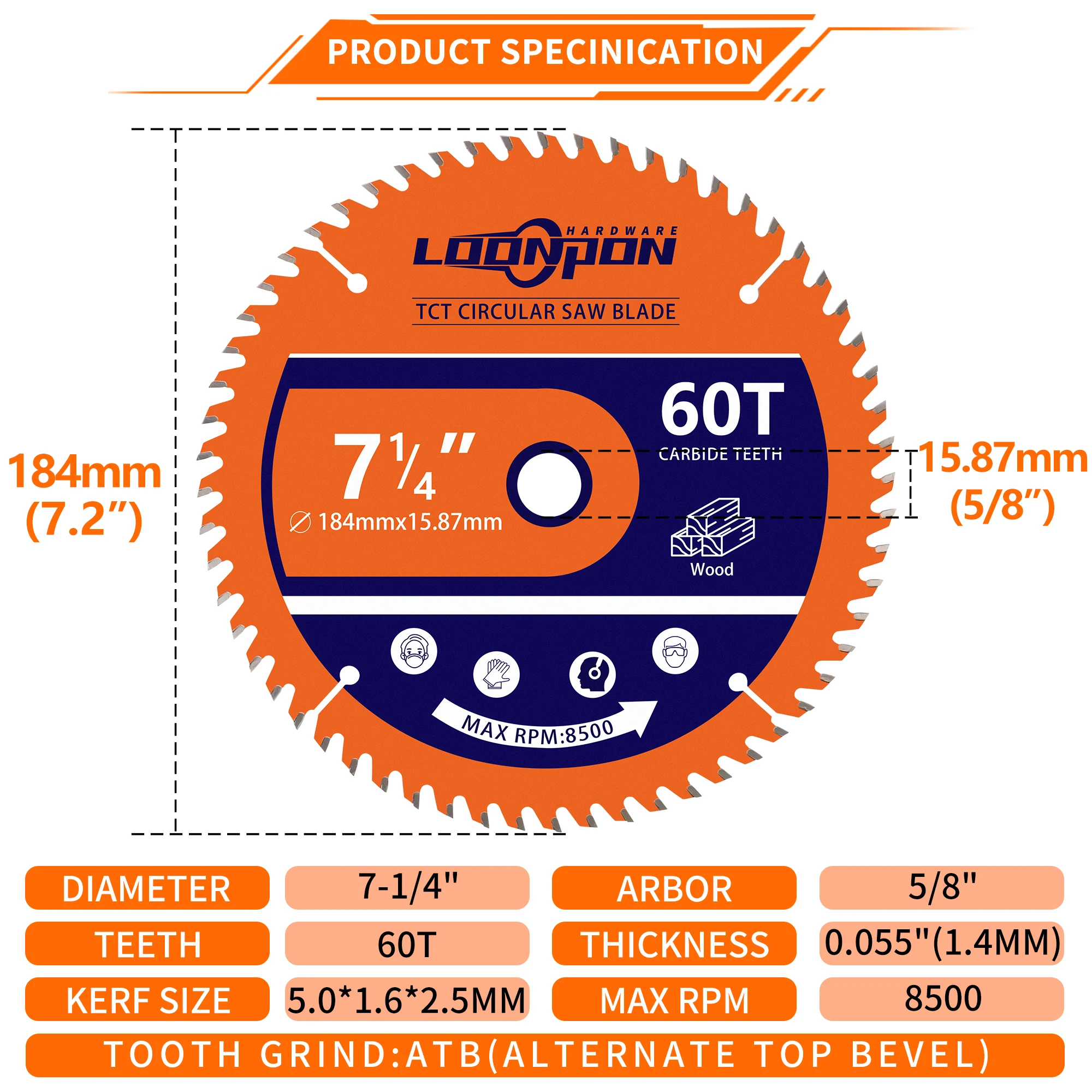 Loonpon TCT Hartmetall-Kreissägeblatt, Radscheiben, Holztrennscheibe, 115 140 165 184 254 mm, Holzbearbeitungs-Sägeblatt