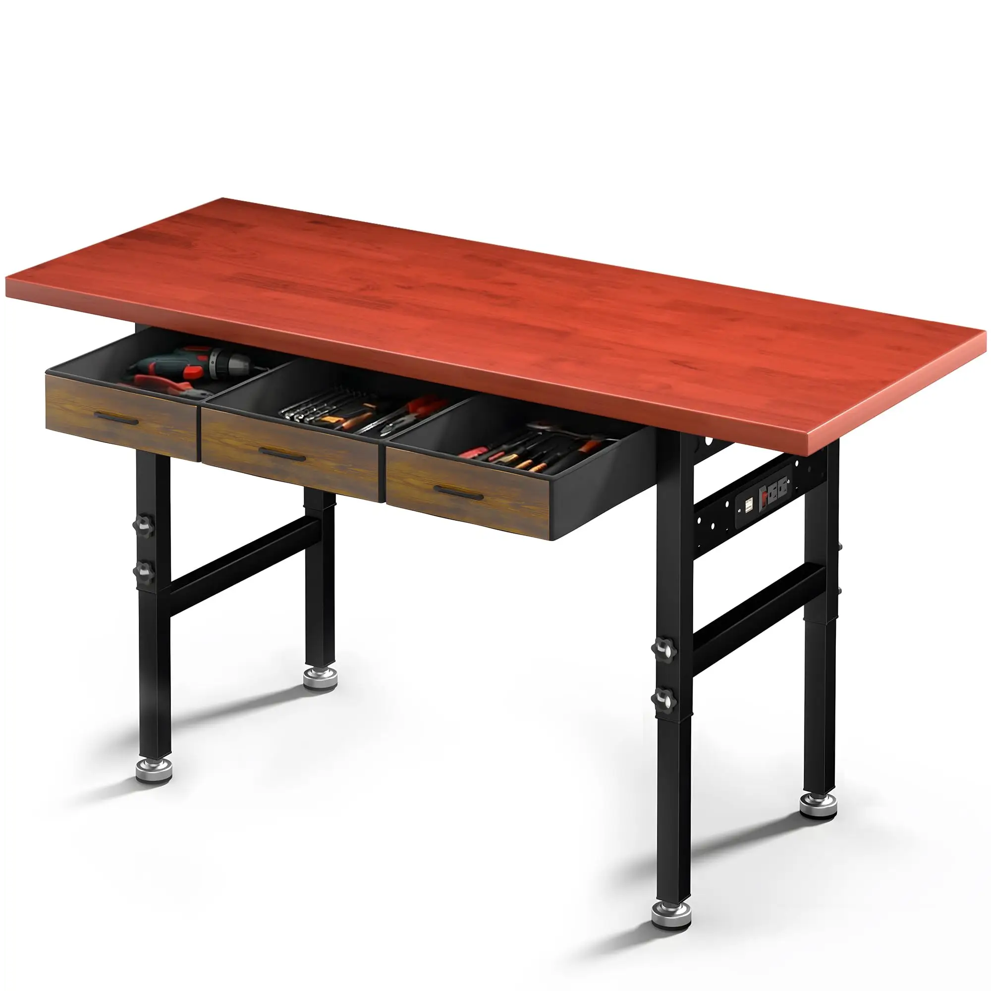 60in Adjustable Height Workbench Desk with Drawers,Power Outlets, Rubber Wood Top Heavy-Duty Work Table, 2000 LBS Load
