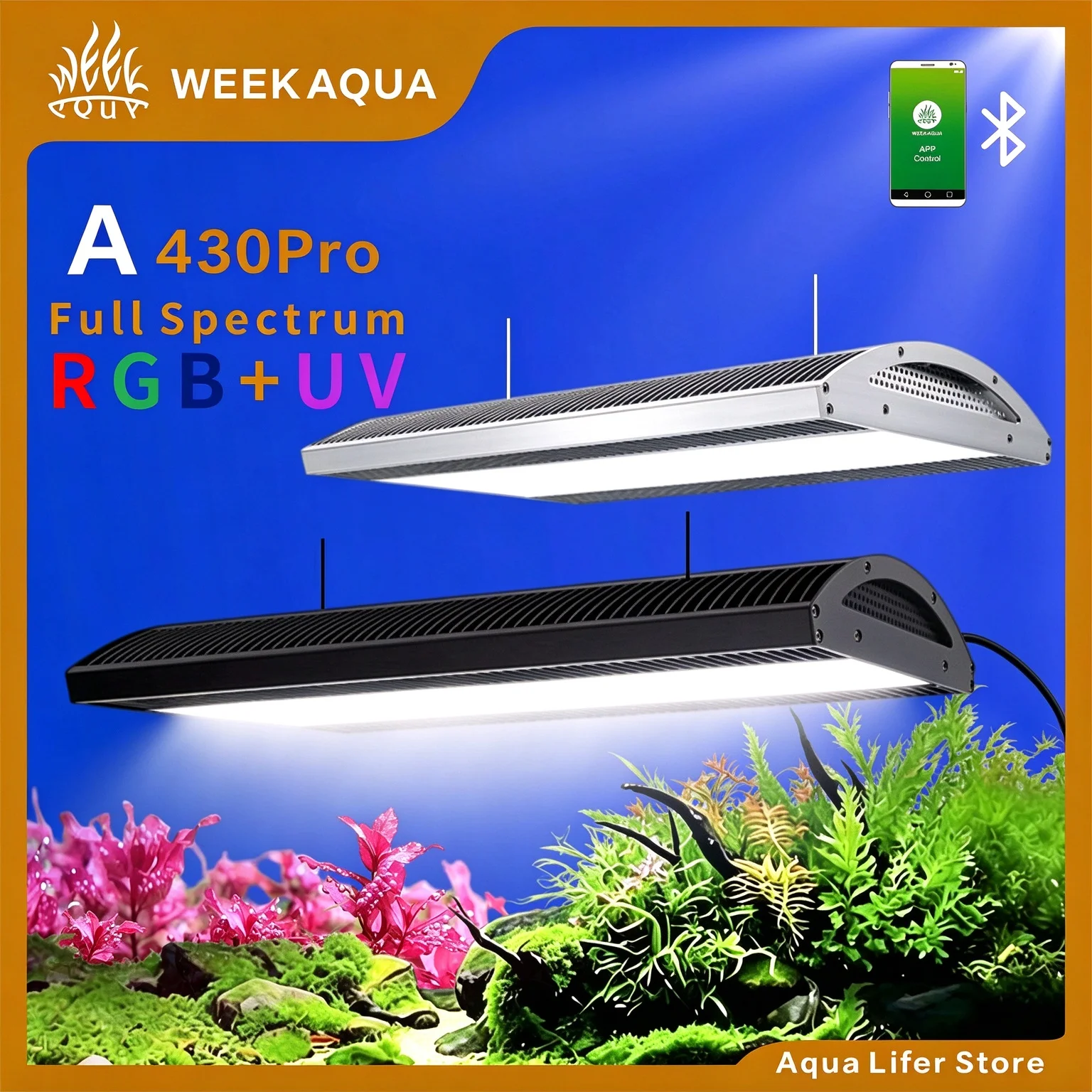 WEEK AQUA A430PRO Full‑Spectrum RGB+UV Aquascape Light for Planted & Native Stream Tanks, Bluetooth APP Dimming and Timer