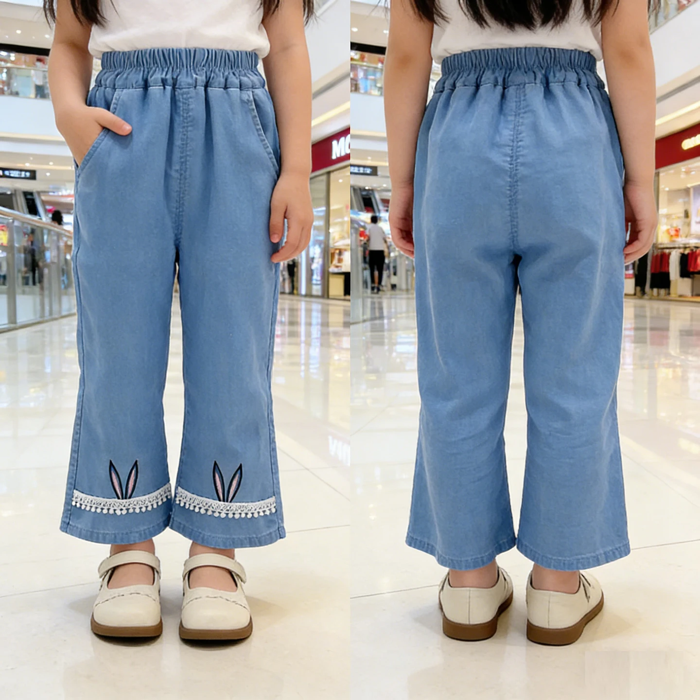 Girls Girls Summer Thin Denim Jeans Rabbit Embroidery Lace Decoration Long Pants Baby Flared Trousers Girls' Bottom Wear - Aliexpress Deal