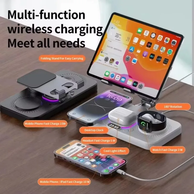 

15W Fast Charging Wireless Charger 6 In 1 RGB Light Clock Type C Port Tablet Holder For iPhone 16 15 14 13 Apple Watch AirPods