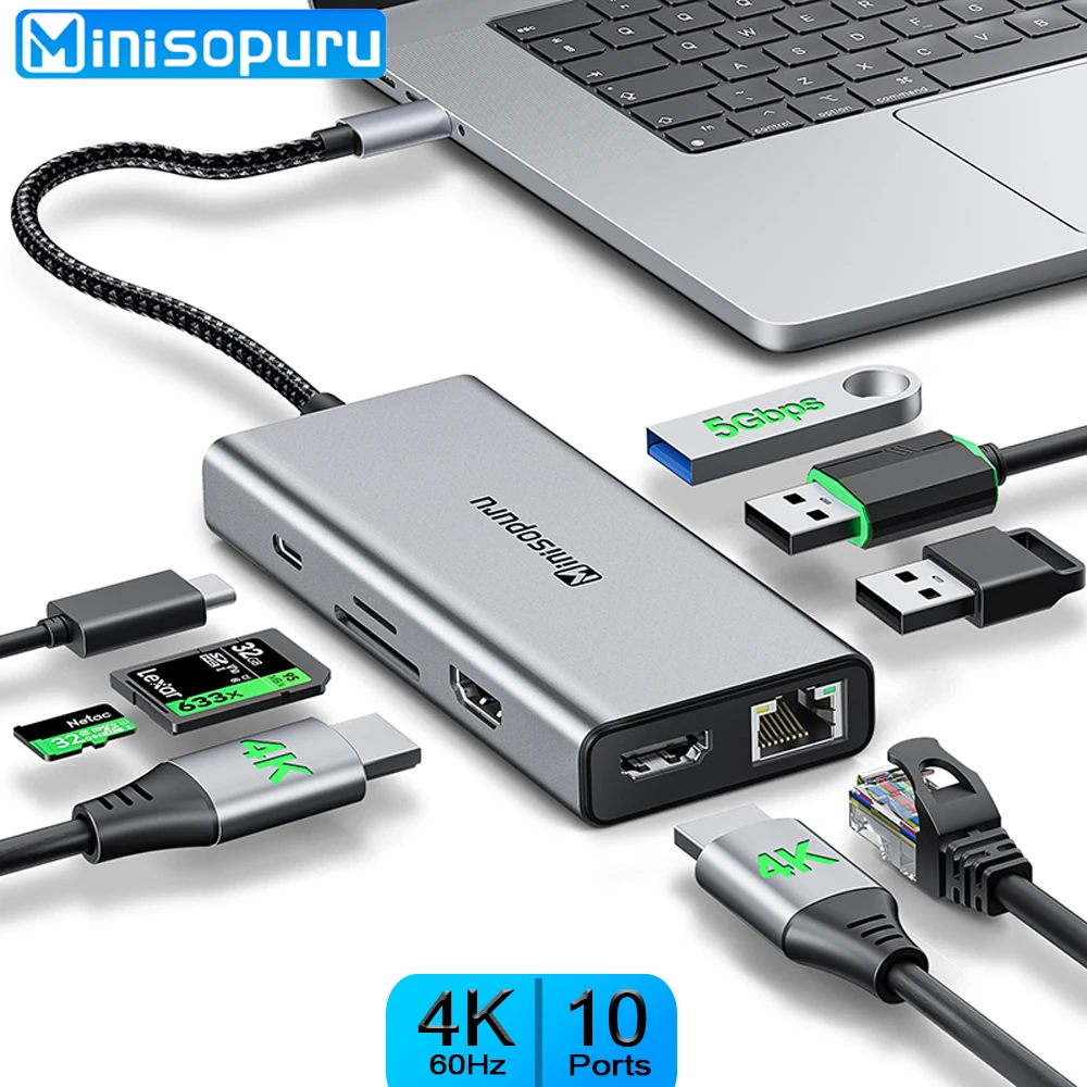 Minisopulu-концентратор USB C 4K 2 HDMI USB Тип C к DP RJ45 Мульти USB A порты PD 100 Вт SD/TF Mic/аудио адаптер для Windows ноутбука USB типа 3.0 USB HUB