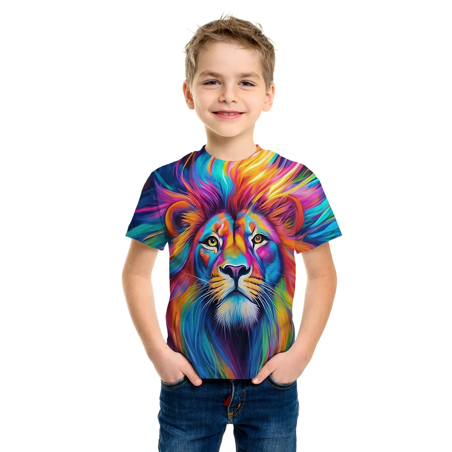 Camiseta elástica con patrón de León para niños, camisa transpirable, cómoda, para actividades al aire libre, ropa informal